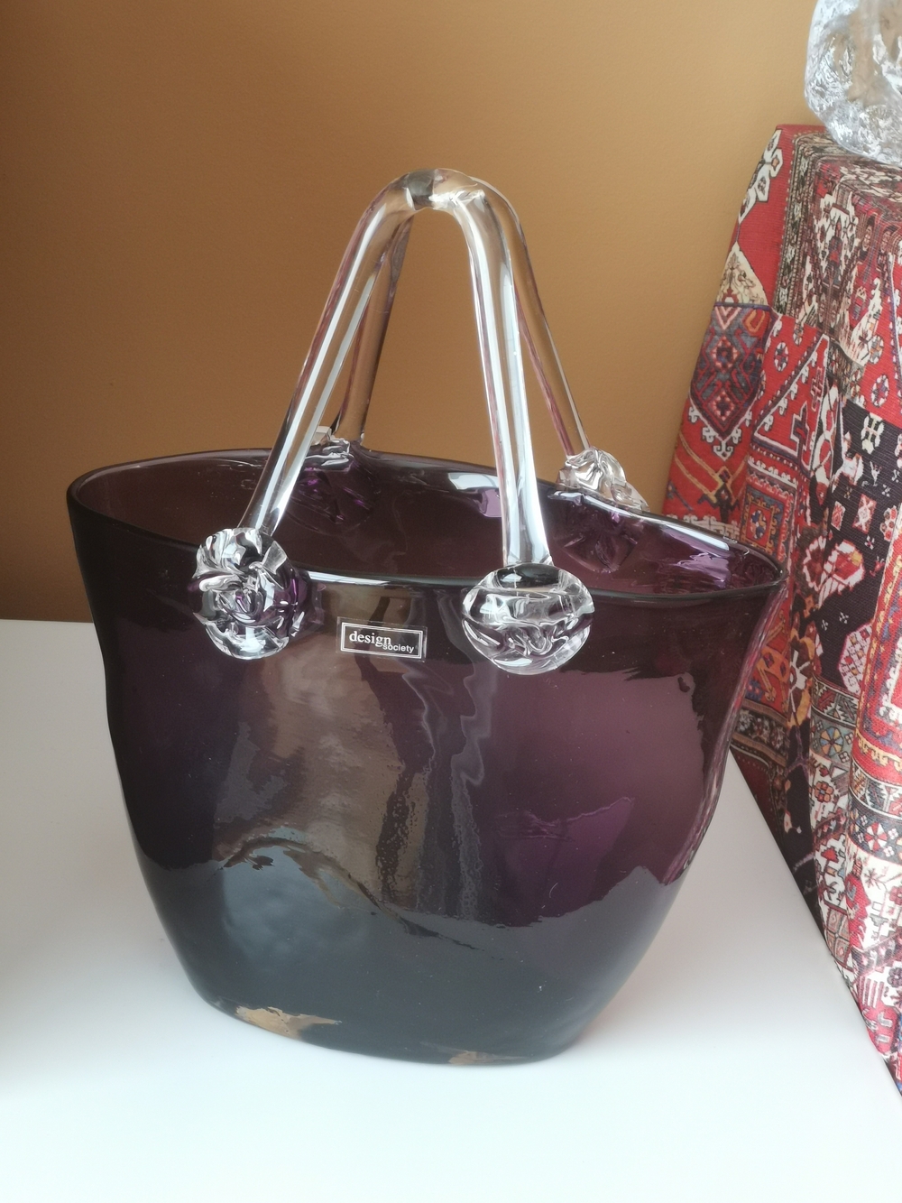 Plum Glass Tote-Style Decorative Vase with Clear Handles